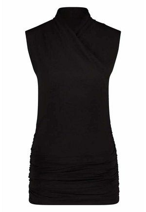 Haut noir sans manches avec un col montant et un design drapé. Présente une texture froncée sur les côtés pour une apparence ajustée.