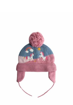 Căciulă tricotată cu vârful albastru, broderie cu unicorni, pompon roz și șnururi. Banda ribbed roz și urechile sunt decorate cu desene colorate.