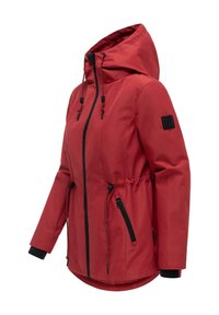 Rote Kapuzenjacke mit frontalem Reißverschluss, verstellbarem Taillen- und Kapuzenkordelzug, seitlichen Reißverschlusstaschen und schwarzen Manschettendetails.