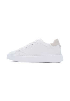 Sneakers in pelle bianca con design low-top, punta rotonda e suola piatta bianca. Presentano un accento in tessuto grigio sul tallone.