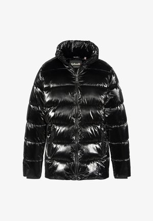 Sort skinnende dunjakke med høj krave, frontlynlås og lynlåslommer i siden, præsenteret mod en hvid baggrund.