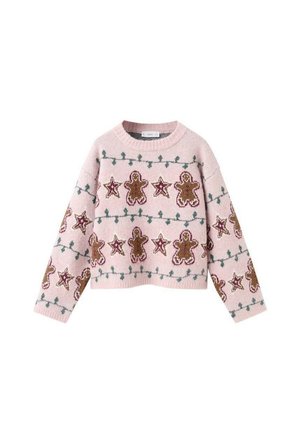 Pull en tricot rose avec des motifs de bonhomme en pain d'épice et d'étoiles, avec des accents verts et un col rond côtelé. Texture douce, design cropped.