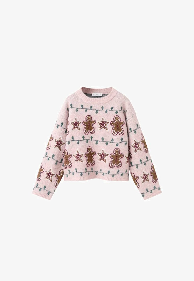Pull en tricot rose avec des motifs de bonhomme en pain d'épice et d'étoiles, avec des accents verts et un col rond côtelé. Texture douce, design cropped.
