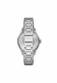 Silverfärgad klocka i rostfritt stål med en länkad armbanddesign, utrustad med ett runt boett och en genomskinlig baksida som visar varumärkesinformation.