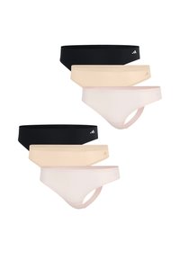 Set van drie stringonderbroeken. Kleuren: zwart, lichtbeige en lichtroze. Gladde stof, minimalistisch ontwerp en brede elastische tailleband.