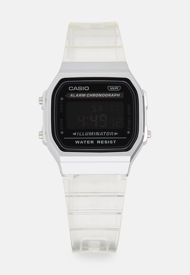 Montre numérique avec un bracelet en silicone transparent et un cadran rectangulaire noir. Possède des accents blancs, une fonction alarme et un indicateur de résistance à l'eau.