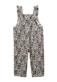 Salopette florale en coton, avec une base blanche et des motifs de fleurs multicolores, des bretelles réglables et des boutons en bois.
