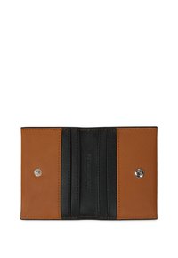 Portofel bicolor, maro și negru, din piele netedă, dotat cu închidere tip snap și slots pentru carduri pentru o organizare eficientă. Design minimalist.
