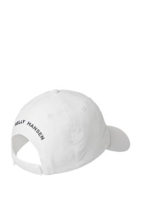 Gorra de béisbol blanca con visera curva, logotipo bordado de "HELLY HANSEN" en negro y cierre trasero ajustable. Textura de tela suave.