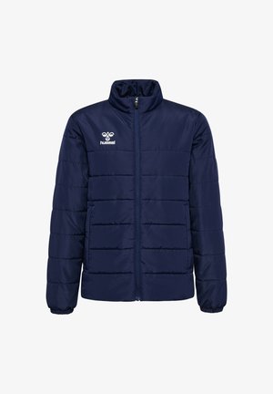 Marineblauer, gesteppten Pufferjacke mit elastischen Bündchen, kombiniert mit marineblauen und grauen Sporthosen. Beide tragen passende weiße Sportschuhe.