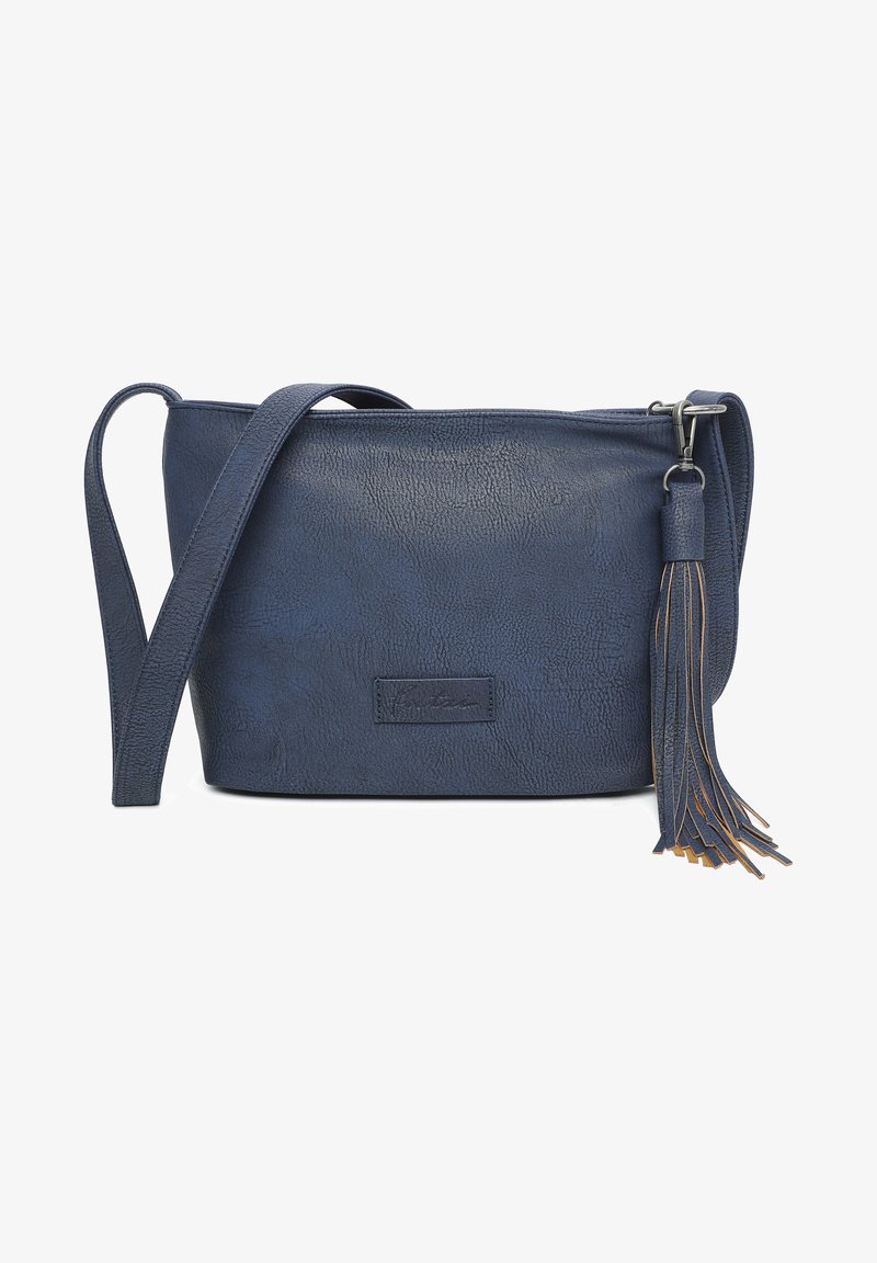 Mörkblå väskor av faux skinn för axeln med texturerad yta, justerbar rem och dekorativ tofsdetalj. Rektangulär form.