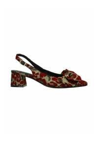 Rood en beige bloemenpatroon slingback schoen met blokhak en decoratieve strik op de puntige neus.