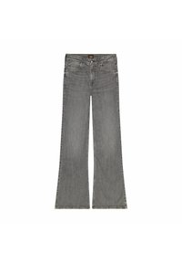 Jeans de pierna ancha gris, fabricados en denim, con un diseño clásico de cinco bolsillos y dobladillos sin rematar. La tela presenta sutiles variaciones de textura.