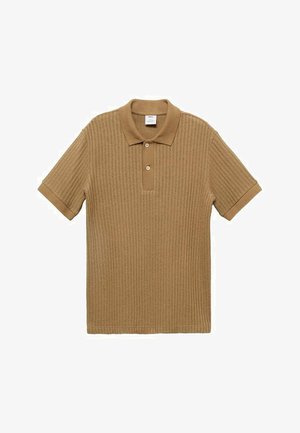 Brown polo shirt with a textured knit, short sleeves, and a collared neckline. Features two buttons at the placket and contrasting sleeve cuffs.