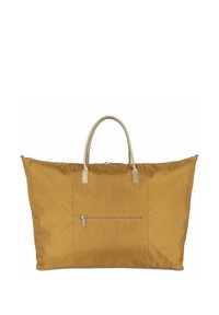 Grande borsa a tracolla color senape realizzata in tessuto resistente. Presenta manici in tono oro e una tasca frontale con zip per riporre gli oggetti.