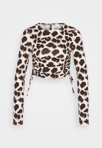 Långärmad crop top i elasticitetstyg med ett beige, svart och brunt leopardmönster, med sidofållning och snöre.