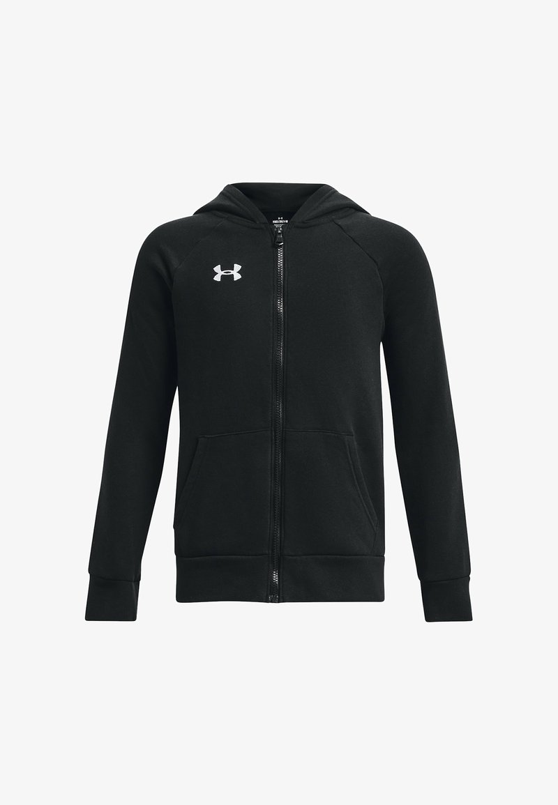 Zwarte zip-up hoodie met een rits aan de voorkant, grote zijzakken en een gestructureerde stof. Bevat een wit Under Armour-logo op de borst.