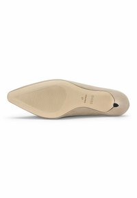 Beige high heel shoe with a pointed toe and smooth suede upper. The sole is flat with subtle ridges and branded detailing. Size 37.