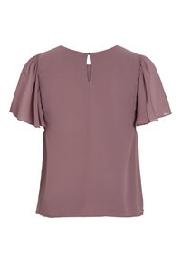 Blouse mauve à manches courtes avec manches fluides et petite ouverture en forme de goutte à l'arrière de l'encolure.