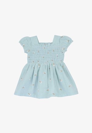 Helles blaues Kleid aus Baumwolle, mit gerafftem Oberteil, kurzen Puffärmeln und kleinen braunen Blumenmustern. Ausgestellter Rockdesign.