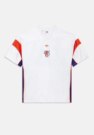 White short-sleeve jersey with red and blue accents, a V-neck, and a central logo. Made from a smooth, breathable fabric.