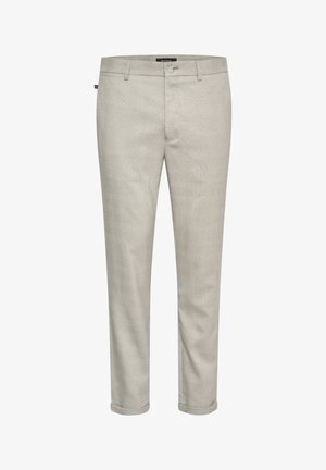 Pantalones gris claro con un sutil patrón de cuadros, confeccionados en una tela suave, que cuentan con una cintura estándar y puños doblados.