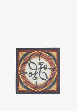 Square silk scarf featuring intricate equestrian-themed patterns in red, blue, and gold, with various belt and buckle accents on a light background.