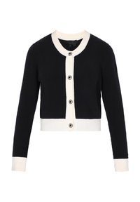 Cardigan blu navy con colletto e polsini a coste color avorio, cinque bottoni neri lungo la parte anteriore, design corto, texture lavorata a maglia, maniche lunghe.