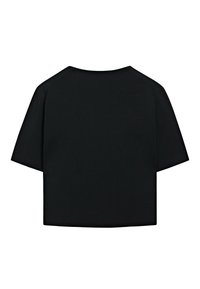 Schwarzes Kurzarm-Top mit lockerem Sitz, rundem Ausschnitt, glatter Textur und ohne sichtbare Nähte oder Verzierungen.