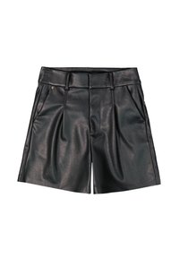 Zwarte neplederen shorts met een op maat gemaakt ontwerp, voorzien van plooien, riemlussen en zijzakken. Soepele textuur met een glanzende afwerking.