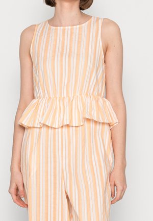Top peplum rayé orange et blanc, avec un col rond et un ourlet volanté. Fabriqué en tissu léger et respirant.