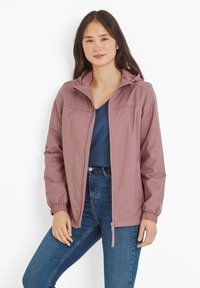 Lightweight, mauve windbreaker jacket with a zipper closure, adjustable hood, elastic cuffs, and a simple, monotone design.