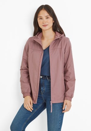 Lightweight, mauve windbreaker jacket with a zipper closure, adjustable hood, elastic cuffs, and a simple, monotone design.