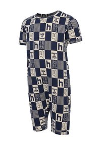 Marineblauw en crèmekleurige short-sleeve romper met een geblokt patroon van cijfers en letters, gemaakt van zacht katoen.