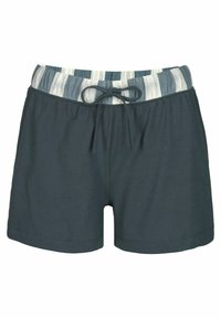 Dark gray shorts with an elastic waistband featuring a striped light gray and blue pattern and a front drawstring closure.
