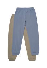 Deux paires de pantalons de jogging : une bleue claire et une beige. Les deux ont des ceintures élastiques et des poignets, fabriqués en tissu de coton doux.