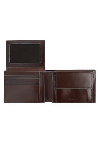 Brown leather wallet with multiple card slots, a clear ID window, and a section for cash. Smooth texture with blue accent stitching.