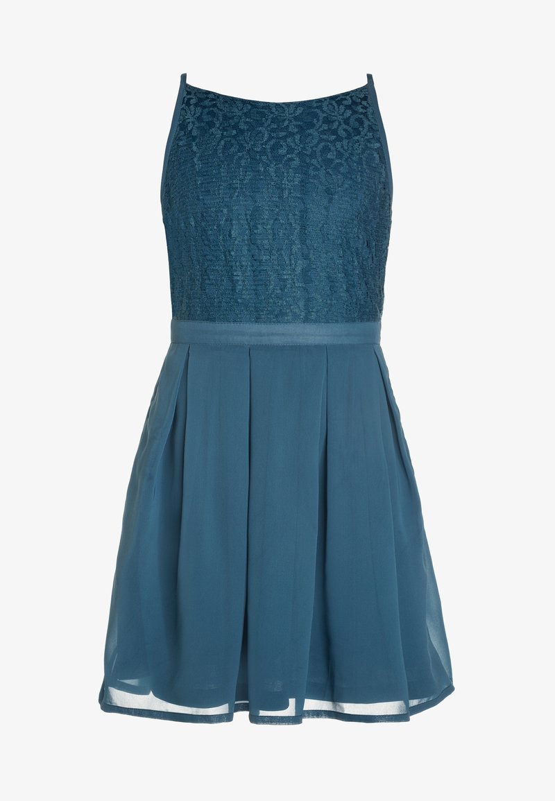 Robe bleue sans manches avec haut en dentelle texturée, taille cintrée et jupe plissée fluide, style longueur genou.