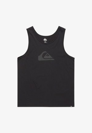 Melna kokvilnas topa krekls ar noapaļotu kakla izgriezumu un mazu pelēku logo grafiku uz krūšu daļas. Gluda tekstūra un bez redzamām rakstiem.