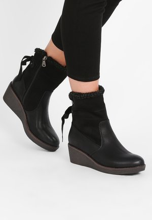Bottines à talons compensés noirs avec fermeture éclair latérale, garniture en fausse fourrure et détail en dentelle à l'arrière portées avec un pantalon noir ajusté.