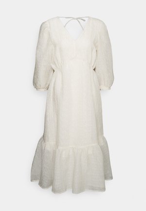 Weißes Midikleid aus strukturiertem Stoff, mit V-Ausschnitt, puffärmel und einem gerafften Saum; verfügt über einen Bindeschluss am Rücken.