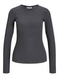Langermet, ribbestrikket topp i mørkegrå. Har rund hals og tettsittende silhuett. Laget av et stretchy stoff for komfort.