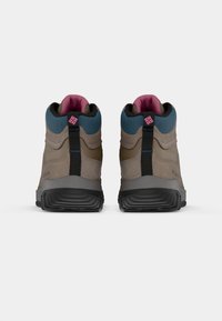Bocanci de drumeție din suede marron cu accente din plasă în albastru și roz. Design mid-top, talpa texturată din cauciuc și un tab de prindere pe spate pentru o îmbrăcare ușoară.