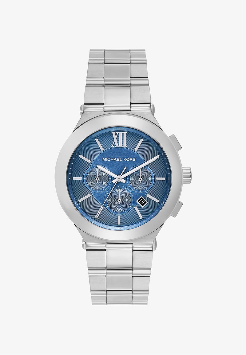 Orologio cronografo in acciaio inossidabile argentato con quadrante blu texturizzato, numero romano XII, tre sotto-quadranti e visualizzazione della data alle 6.