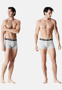 Boxer-briefs gris avec une taille noire portant le nom de la marque "Pierre Cardin", design ajusté, en coton, texture lisse.