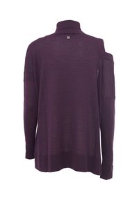 Maglione viola a maniche lunghe con colletto alto, design a spalla scoperta, polsini a coste e vestibilità ampia, realizzato in materiale knit leggero.