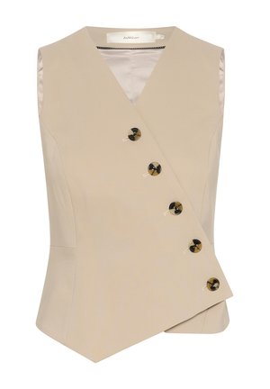 Beige sleeveless vest with an asymmetric design, featuring large black and gold buttons. Smooth fabric with a subtle sheen.
