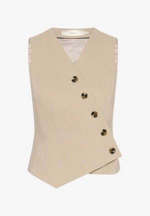 Beige ärmellose Weste mit asymmetrischem Design, ausgestattet mit großen schwarzen und goldenen Knöpfen. Glattes Material mit zartem Glanz.