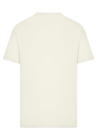 Kurzarm-T-Shirt aus cremefarbenem Baumwollstoff, mit Rundhalsausschnitt und glatter Textur. Keine Muster oder Akzente; schlichte Rückansicht.