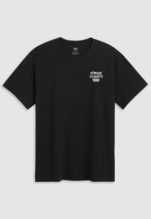 Svart bomull t-skjorte med brysttrykk som leser "HUSPLANTER" i hvit stilisert skrift med "Levi's" under. Klassisk crew-hals.